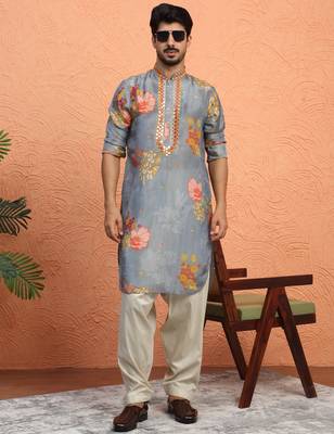 Silk yoke design floral mirror work grey kurta with salwar 1