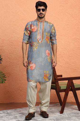 Silk yoke design floral mirror work grey kurta with salwar