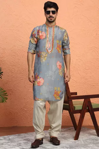 Silk yoke design floral mirror work grey kurta with salwar