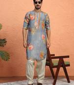 Silk yoke design floral mirror work grey kurta with salwar