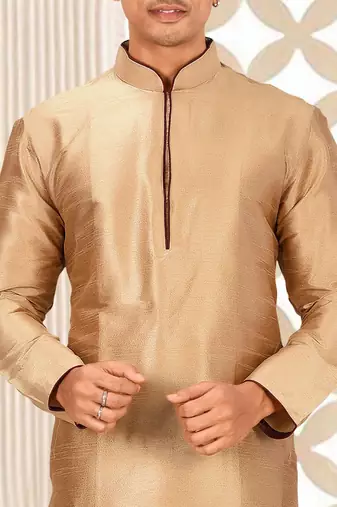 Beige dupon art silk kurta with pipepin work