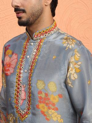 Silk yoke design floral mirror work grey kurta with salwar 2