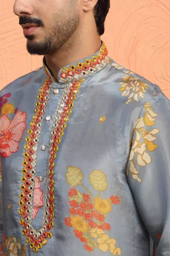 Silk yoke design floral mirror work grey kurta with salwar