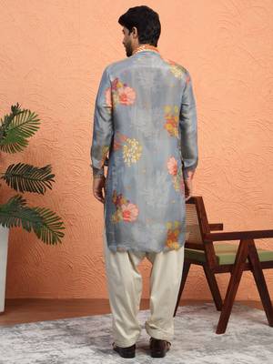 Silk yoke design floral mirror work grey kurta with salwar 3