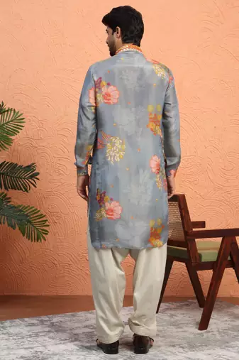Silk yoke design floral mirror work grey kurta with salwar