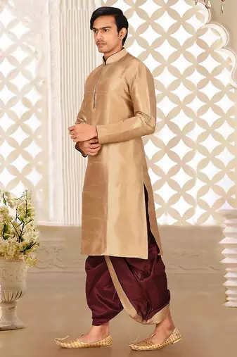 Beige dupon art silk kurta with pipepin work