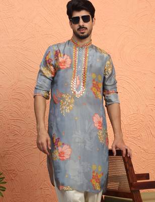 Silk yoke design floral mirror work grey kurta with salwar 4