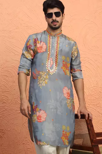 Silk yoke design floral mirror work grey kurta with salwar