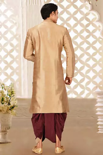 Beige dupon art silk kurta with pipepin work