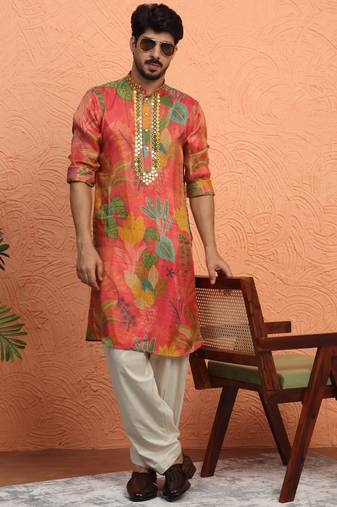 Silk yoke design floral mirror work Multicolor kurta with salwar