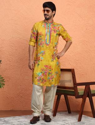 Silk yoke design floral mirror work mustard kurta with salwar 1