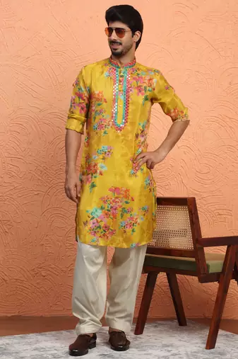 Silk yoke design floral mirror work mustard kurta with salwar