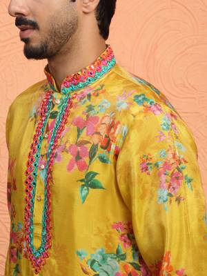 Silk yoke design floral mirror work mustard kurta with salwar 2