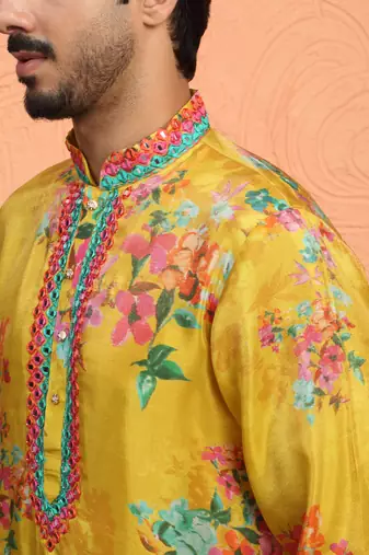 Silk yoke design floral mirror work mustard kurta with salwar