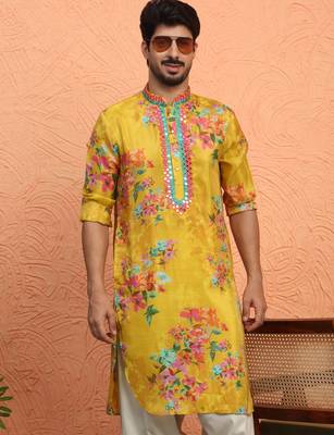 Silk yoke design floral mirror work mustard kurta with salwar 4