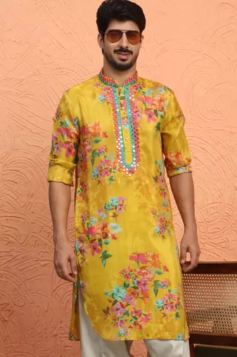 Silk yoke design floral mirror work mustard kurta with salwar