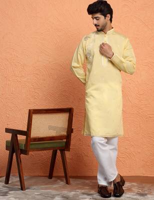Cotton silk sequinced embroidered yellow kurta with trouser pant 1