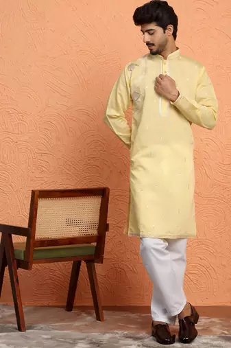 Cotton silk sequinced embroidered yellow kurta with trouser pant