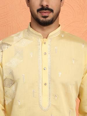 Cotton silk sequinced embroidered yellow kurta with trouser pant 2