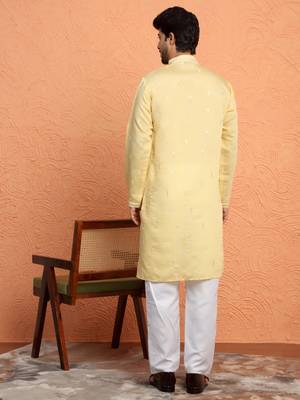 Cotton silk sequinced embroidered yellow kurta with trouser pant 3