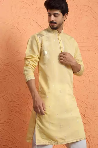 Cotton silk sequinced embroidered yellow kurta with trouser pant