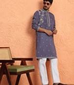 Cotton silk sequinced embroidered purple kurta with trouser pant