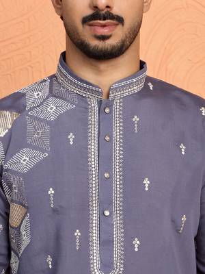 Cotton silk sequinced embroidered purple kurta with trouser pant 2