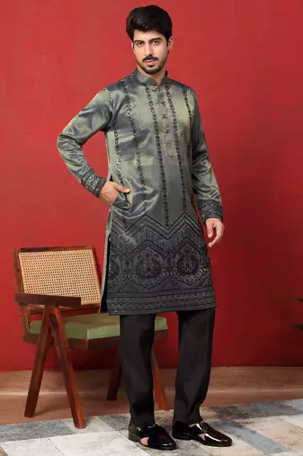 Silk embroidered and sequinced blue kurta with trouser pant