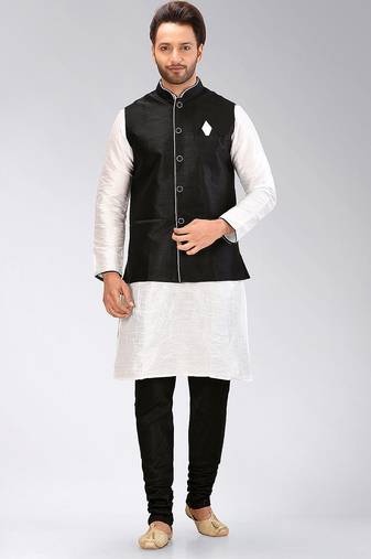 Black dupon art silk kurta, jacket with matching churidar