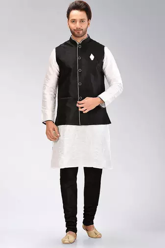 Black dupon art silk kurta, jacket with matching churidar