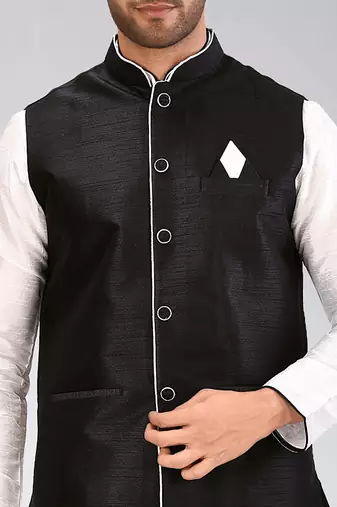 Black dupon art silk kurta, jacket with matching churidar