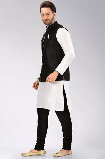 Black dupon art silk kurta, jacket with matching churidar