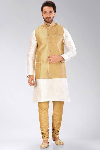 Biscuit dupon art silk kurta, jacket with matching churidar