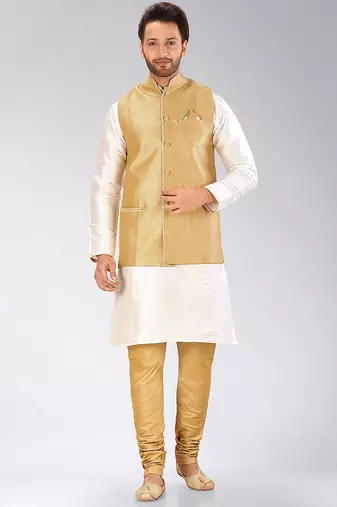 Biscuit dupon art silk kurta, jacket with matching churidar