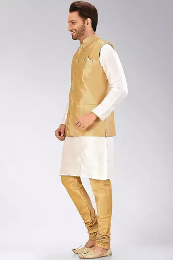 Biscuit dupon art silk kurta, jacket with matching churidar