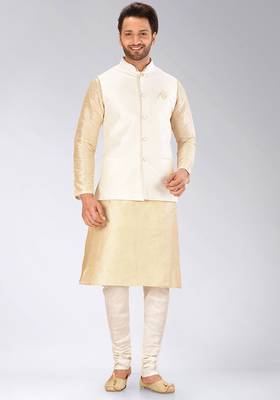 Cream dupon art silk kurta, jacket with matching churidar 1
