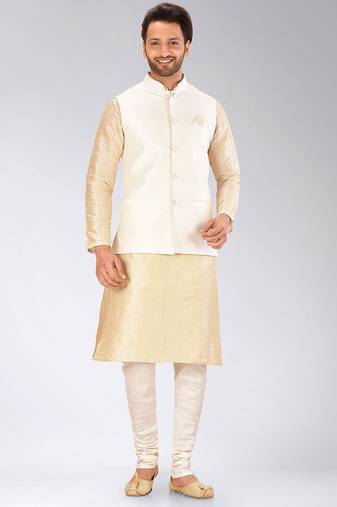 Cream dupon art silk kurta, jacket with matching churidar
