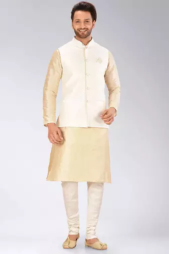 Cream dupon art silk kurta, jacket with matching churidar