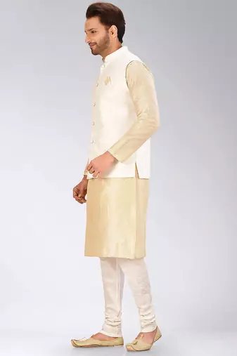 Cream dupon art silk kurta, jacket with matching churidar