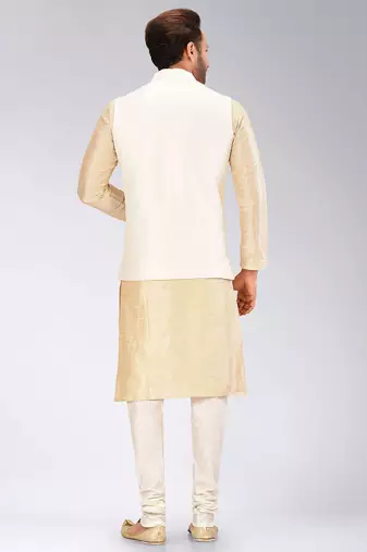 Cream dupon art silk kurta, jacket with matching churidar