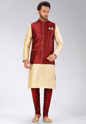 Red dupon art silk kurta, jacket with matching churidar 1