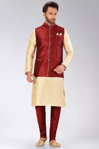 Red dupon art silk kurta, jacket with matching churidar
