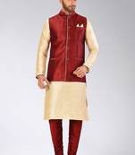 Red dupon art silk kurta, jacket with matching churidar