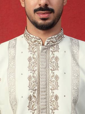 Cotton silk floral and zari embroidered cream kurta with salwar 2