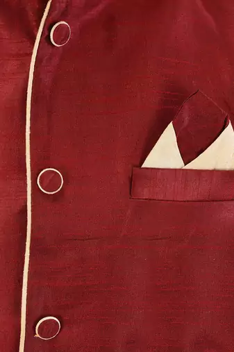 Red dupon art silk kurta, jacket with matching churidar