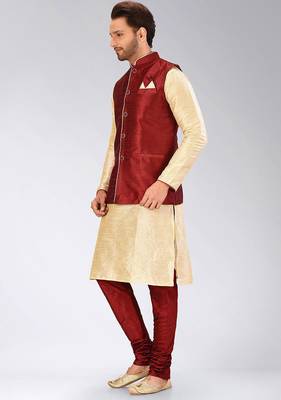Red dupon art silk kurta, jacket with matching churidar 3