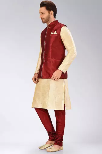 Red dupon art silk kurta, jacket with matching churidar