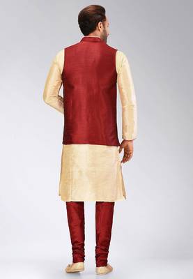 Red dupon art silk kurta, jacket with matching churidar 4