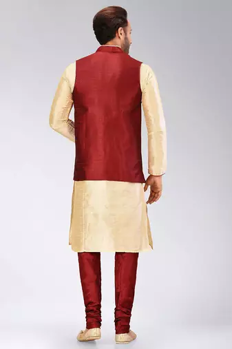 Red dupon art silk kurta, jacket with matching churidar