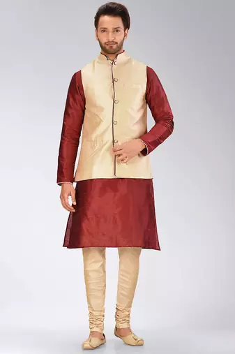 Fawn dupon art silk kurta, jacket with matching churidar